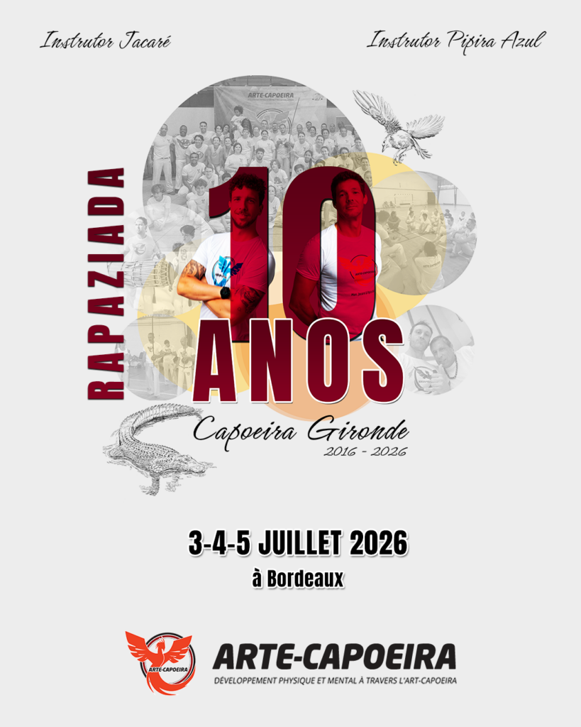 Affiche du festival de capoeira 2026 Arte-Capoeira Gironde les 3, 4 et 5 juillet 2026 à Gradignan, salle du Solarium.