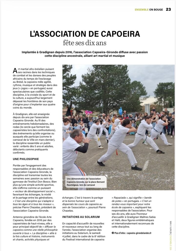 Arte-Capoeira Gironde a participé au carnaval de Gradignan et fêtera ses 10 ans cette année 2026. Article dans le magazine "Ensemble" de la ville de Gradignan.