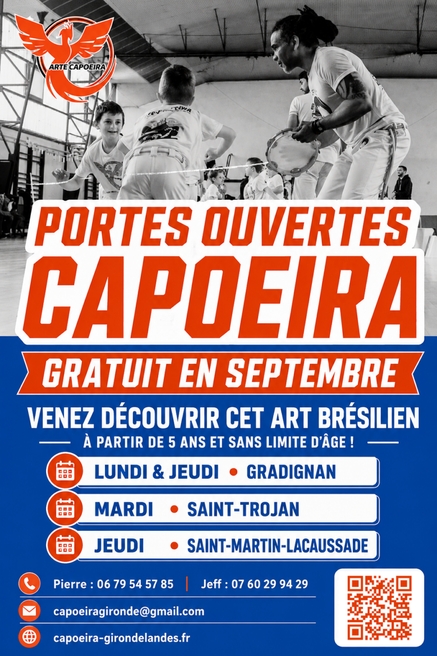 Affiche des portes ouvertes Capoeira en septembre 2026 à Gradignan, Saint-Trojan et Saint-Martin-Lacaussade